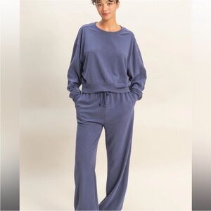 Double Zero Two-Piece Sweatshirt Joggers Soft Ribbed Lounge Athleisure Set Blue